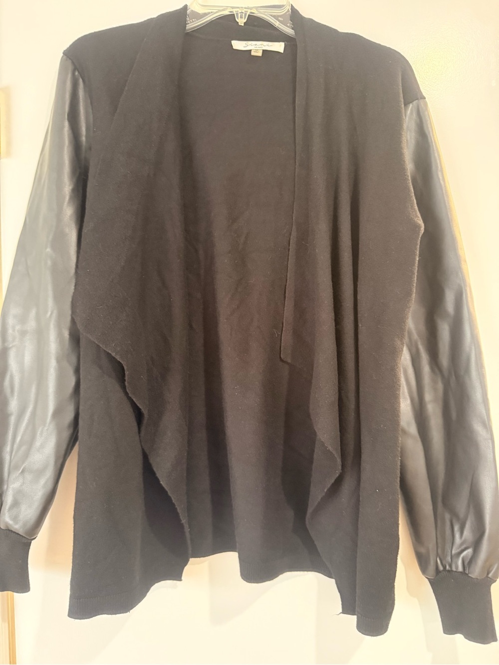 Women’s Black Open-Front Jacket with Faux Leather Sleeves